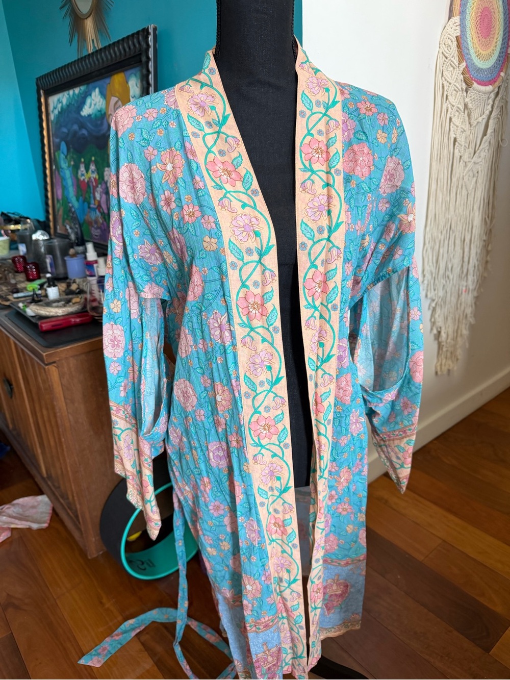 Spell Aqua Floral Cotton Kimono Robe with Pink Trim